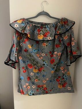 Zara Black Gingham Off-Shoulder Floral Top